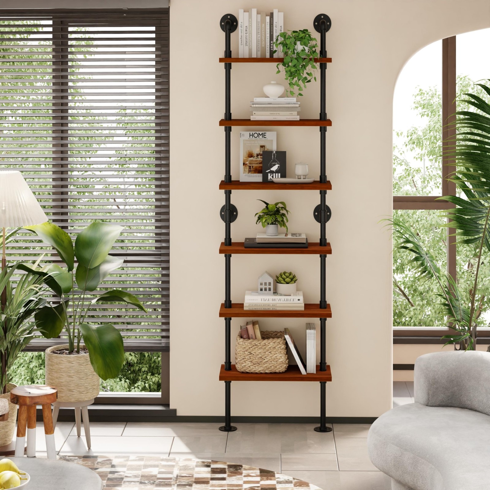 Industrial Pipe Bookshelf, Wall Mounted Shelf, 24 Inch, Walnut Brown | 6 Tier... Industrial Pipe Bookshelf, Wall Mounted Shelf, 24 Inch, Walnut Brown | 6 Tier...