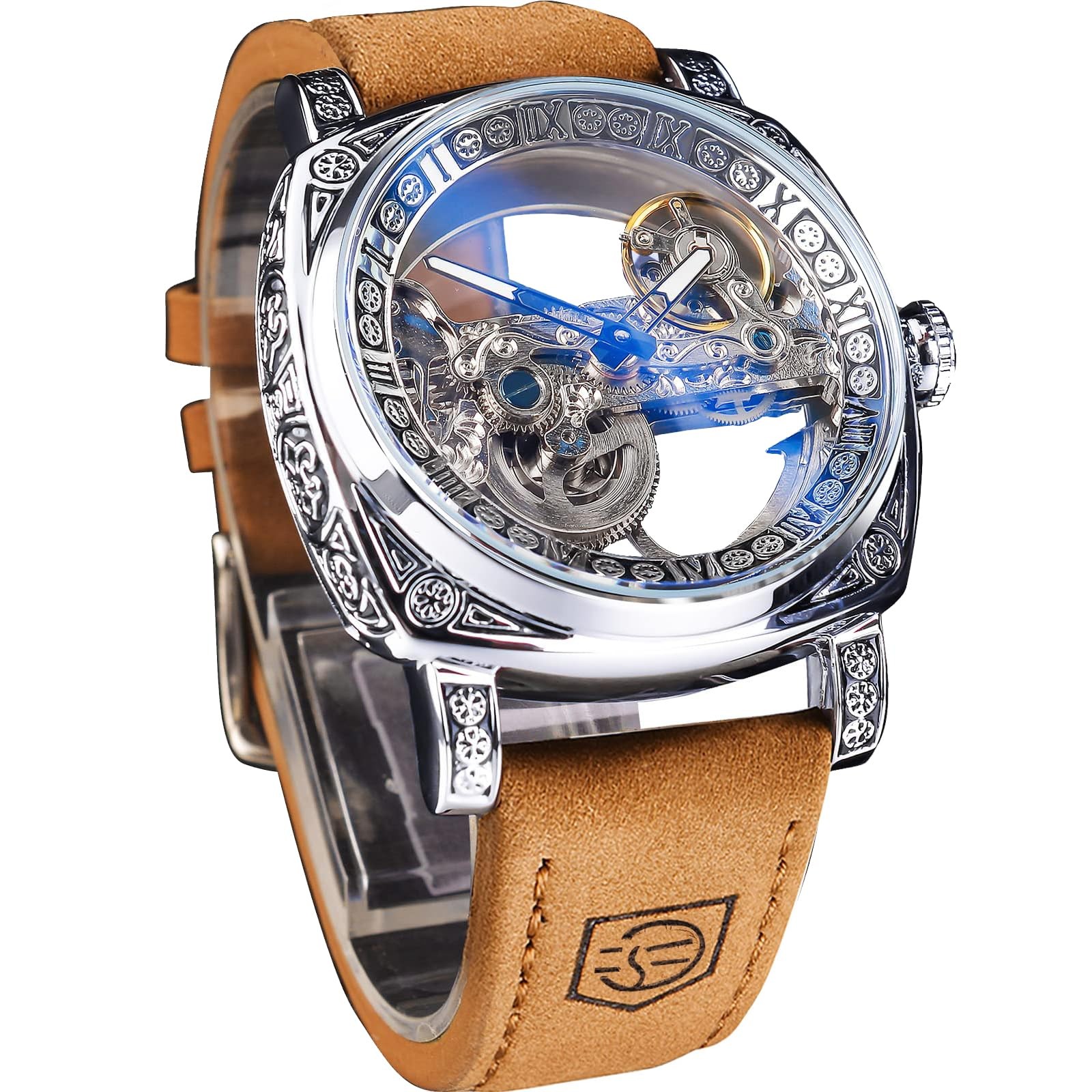 Men's Luxury Square Carving Mechanical Watch, Retro Totem Double Sided Hollow...