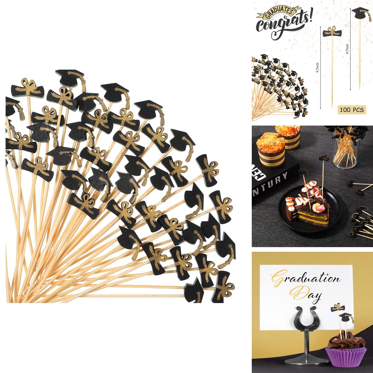 Yookeer 100 Pcs Graduation Bachelor Hat Bamboo Cocktail Picks Black Gold