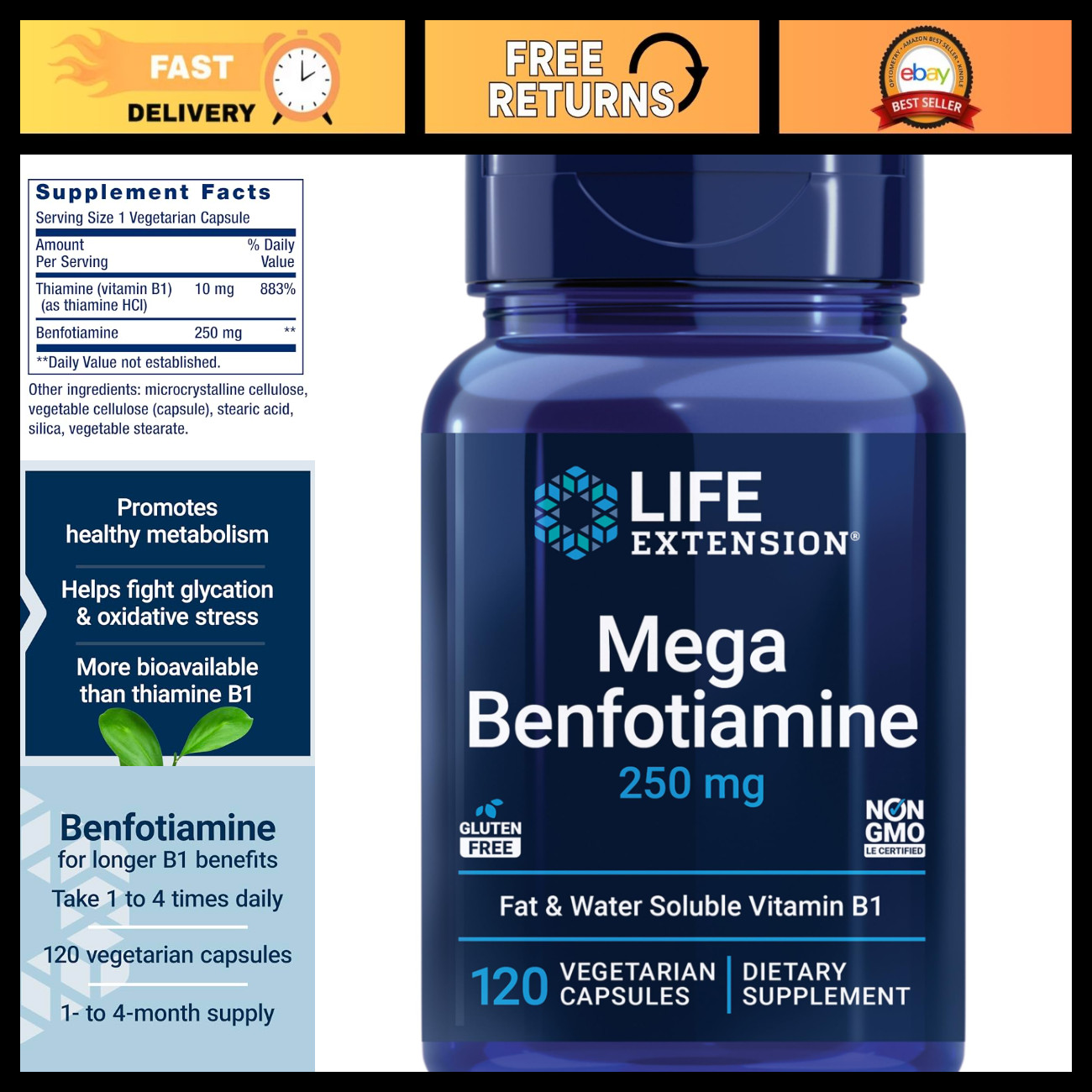 High-Potency Benfotiamine 250mg - 120 Capsules for Energy & Nerve Support High-Potency Benfotiamine 250mg - 120 Capsules for Energy & Nerve Support
