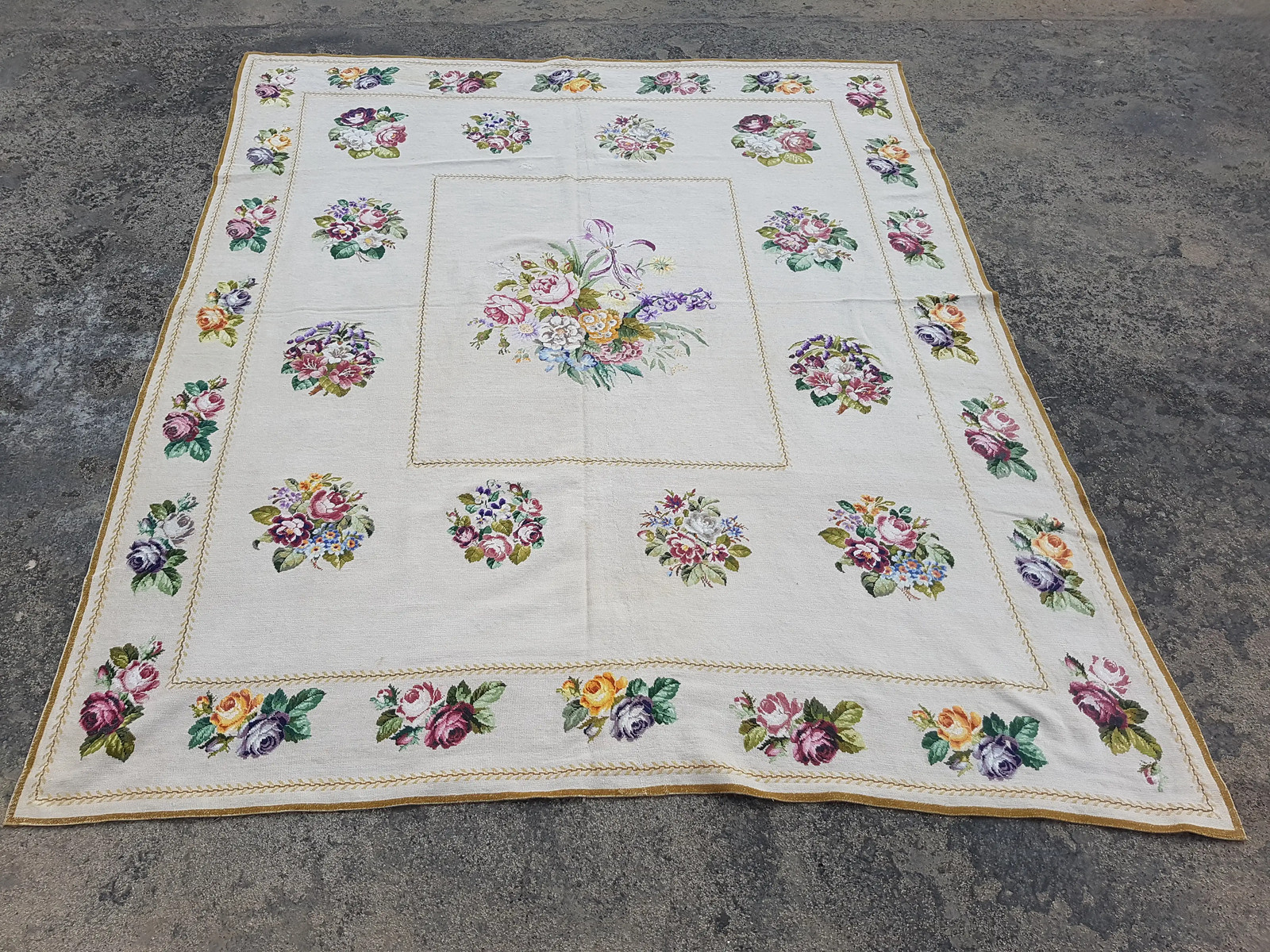 Antique French Handmade Needlepoint Floral Multicolor Kilim 5.5x4.7 ft Antique French Handmade Needlepoint Floral Multicolor Kilim 5.5x4.7 ft