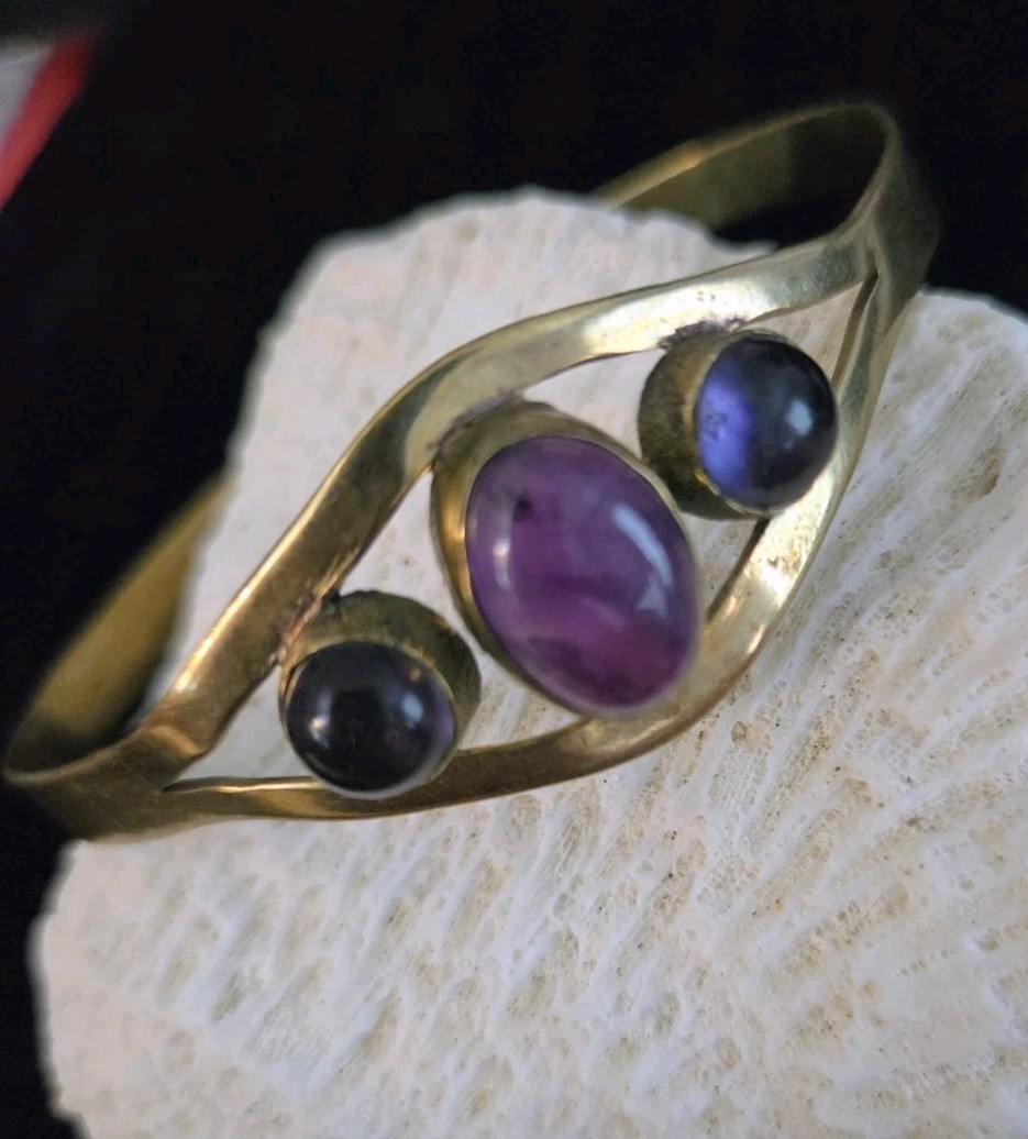 Artistic Vintage Amethyst Cabs & Brass Bracelet Artisan Made Absract