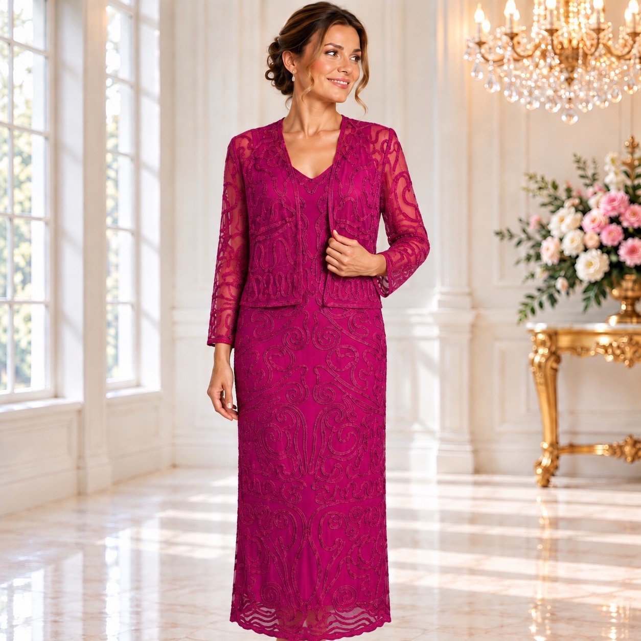 Colebrooke by Windsmoor Dress Jacket UK 22 Berry Pink Lace Wedding Occasionwear