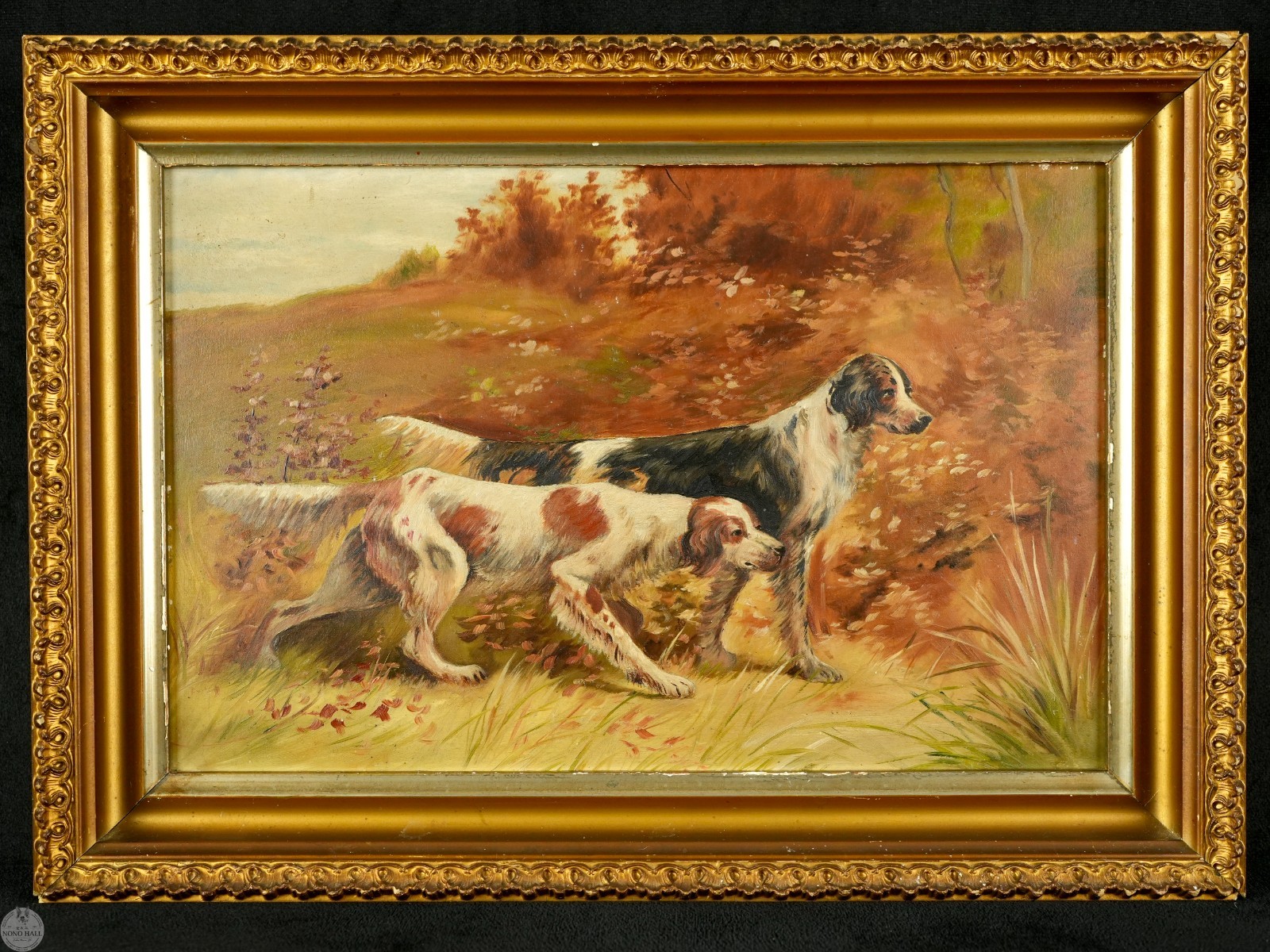 Antique Early 20th C. Sporting Art Oil on Board “Two English Setters on Point”