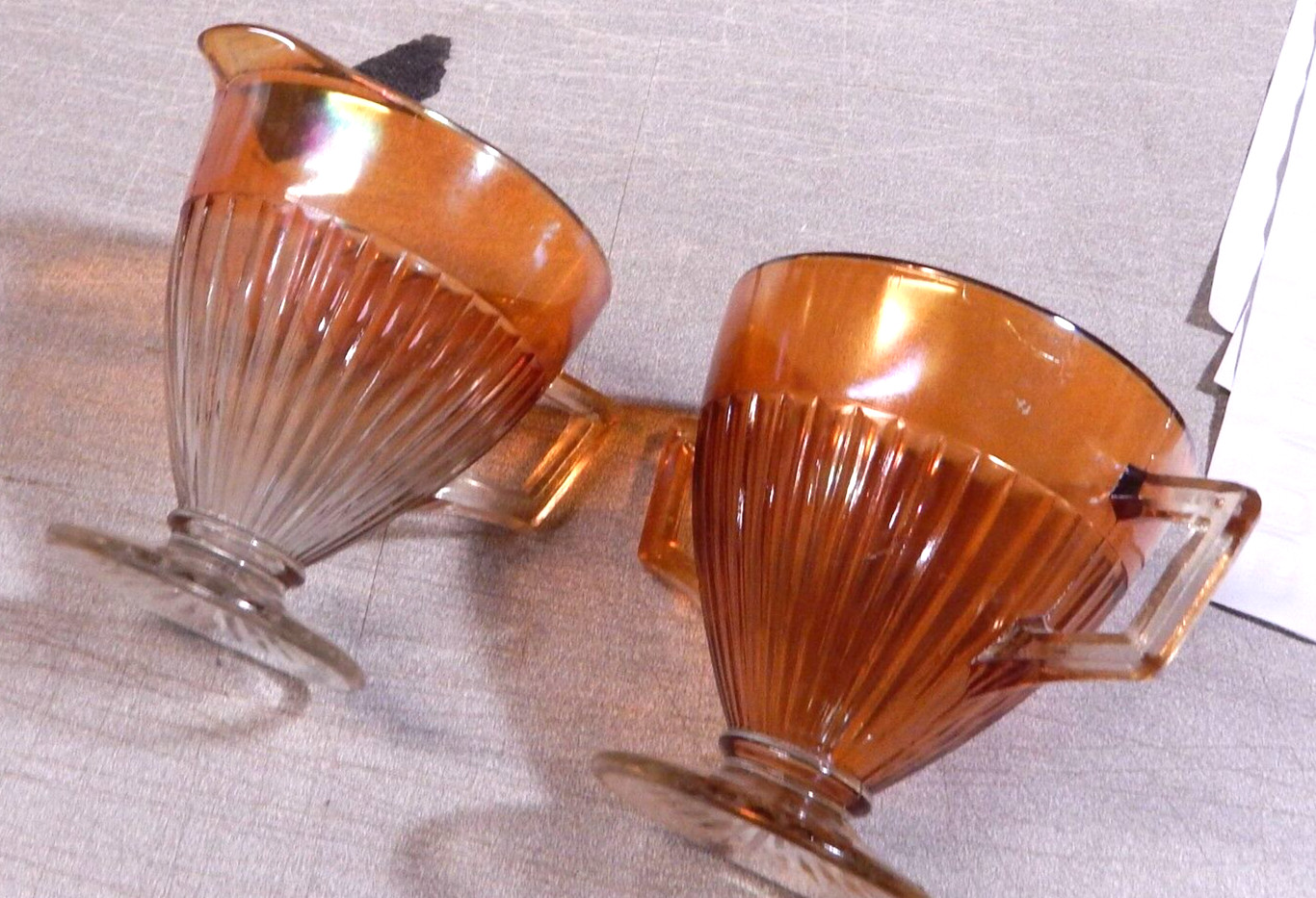 Antique Carnival Glass Creamer & Sugar Bowl Footed Pedestal Ribbed Marigold Antique Carnival Glass Creamer & Sugar Bowl Footed Pedestal Ribbed Marigold