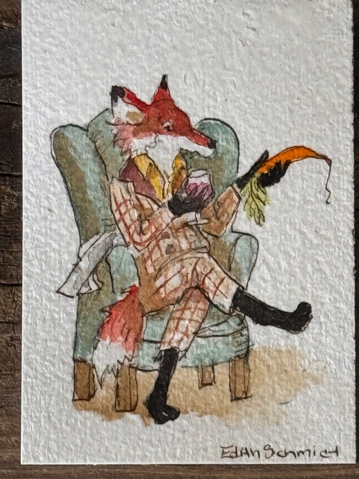 Origional Watercolor  ACEO Fox in a chair signed by artist Edith Schmidt