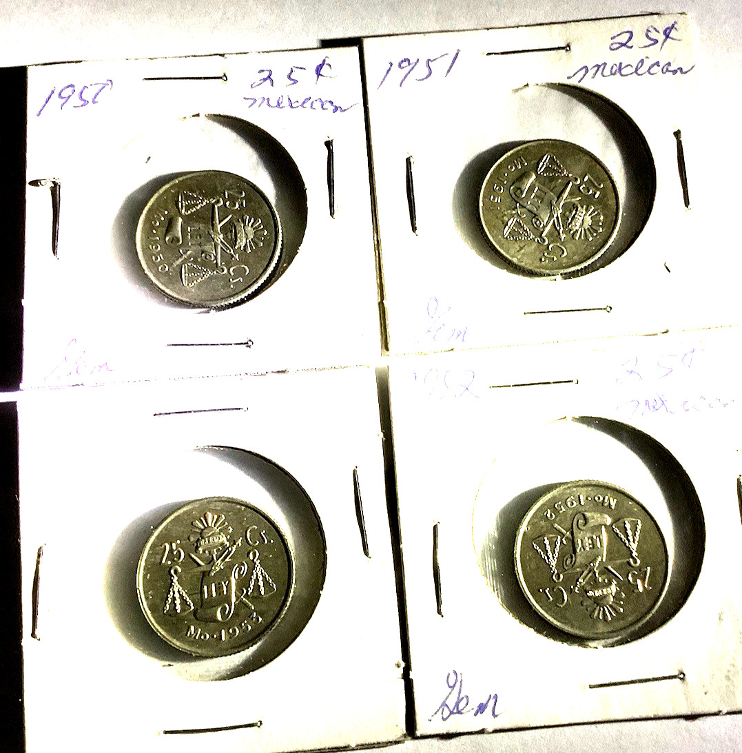 1950 1951 1952 1953 MEXICO 25 CENTAVOS 4 COIN SET 30% SILVER UNC GEM SHIPS FREE