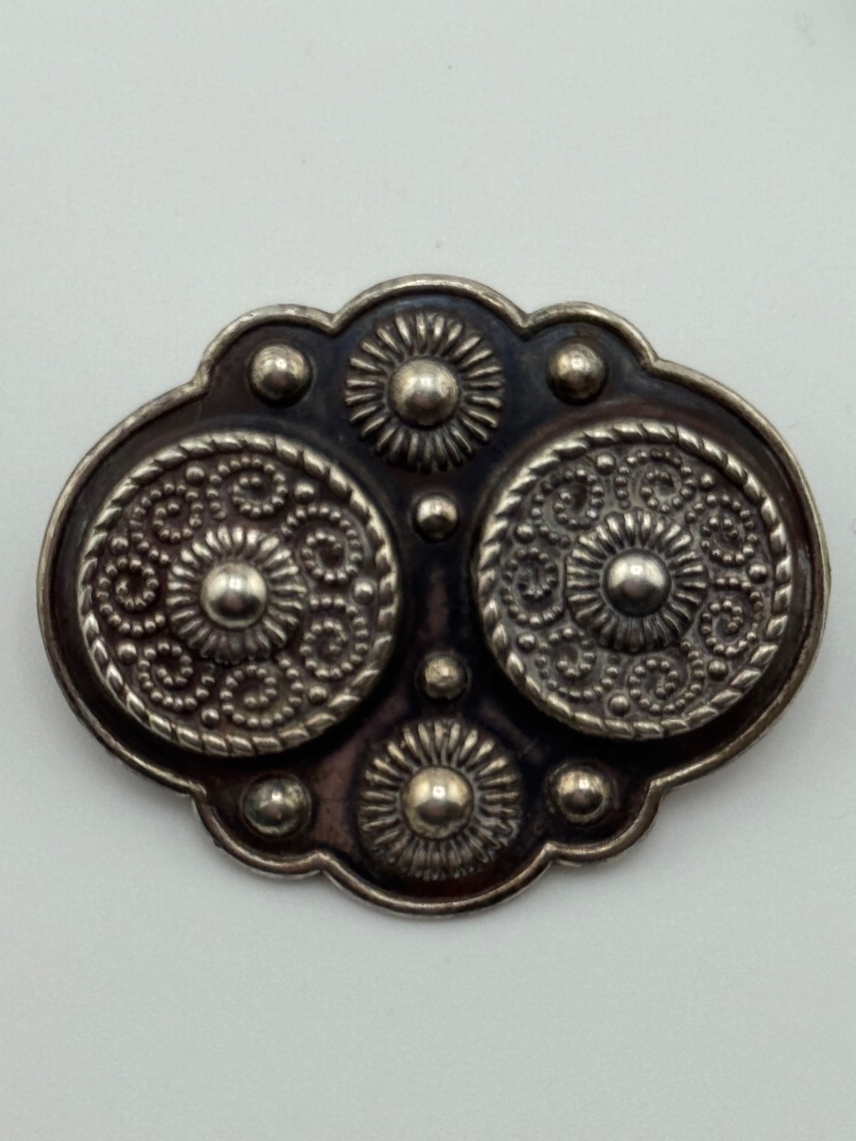 Antique 830 Silver Repousse Swirl Design Brooch Marked 830S