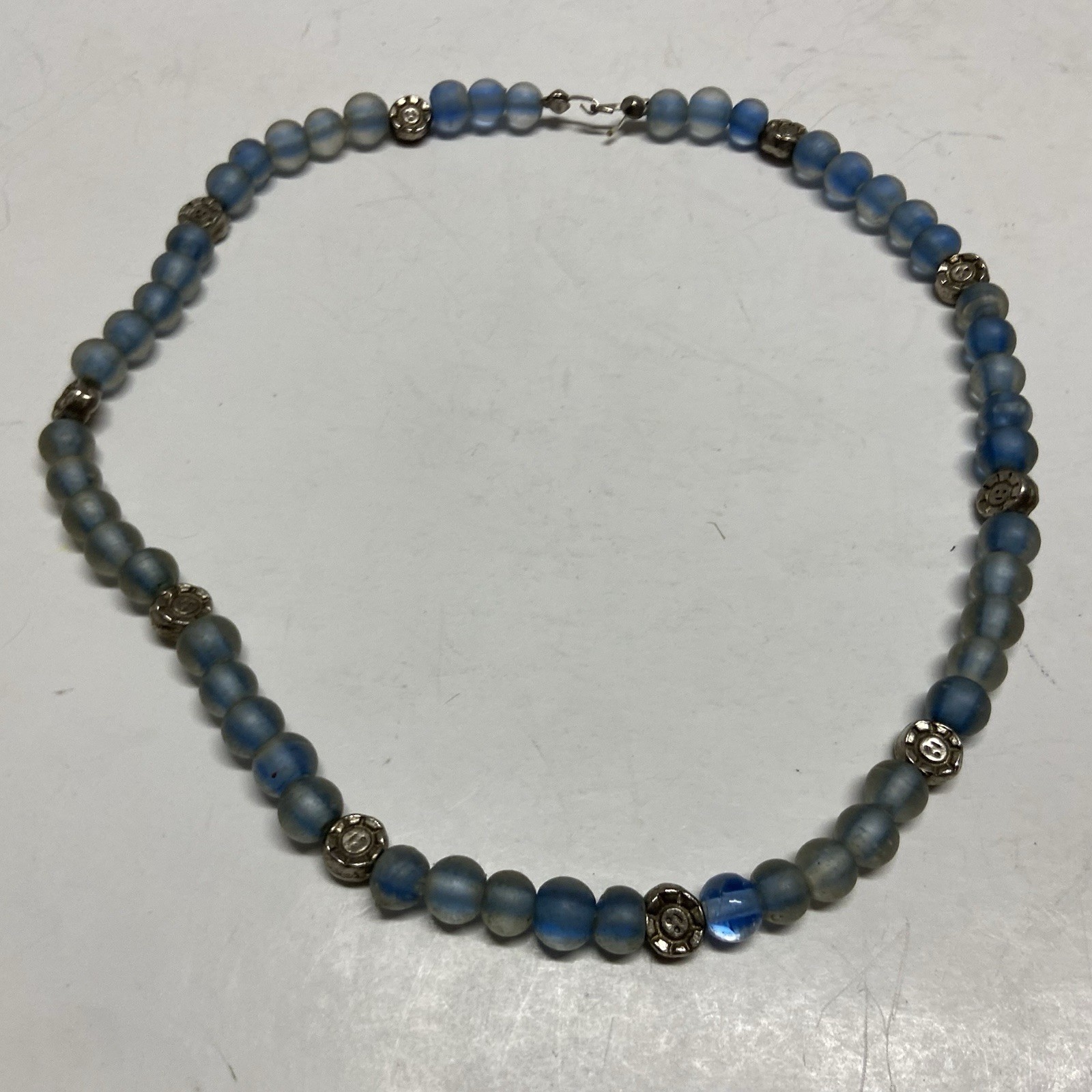 VTG Frosted Blue Glass Style 925 Sterling Silver Beaded Strand Necklace 15.5” In VTG Frosted Blue Glass Style 925 Sterling Silver Beaded Strand Necklace 15.5” In