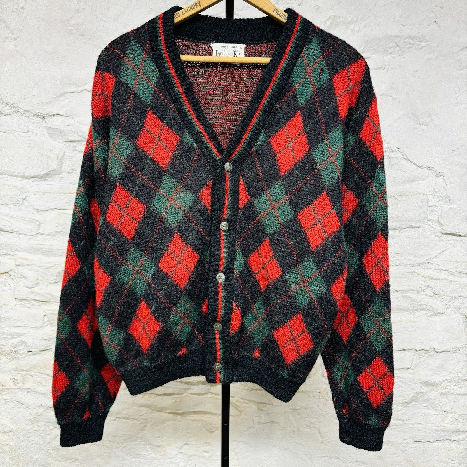 Vtg 60s Lamb Knit Argyle Shaggy Mohair Wool Cardigan Sweater Red Black Grunge
