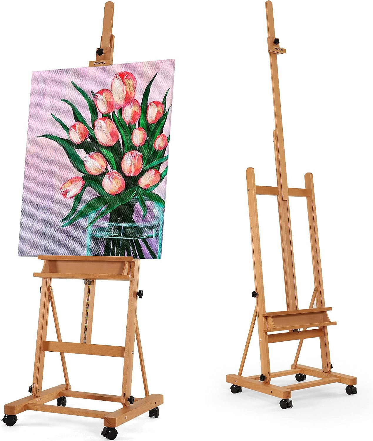 Extended Large H-Frame Easel for Painting, Adjustable Beech Wood Artist Easel St