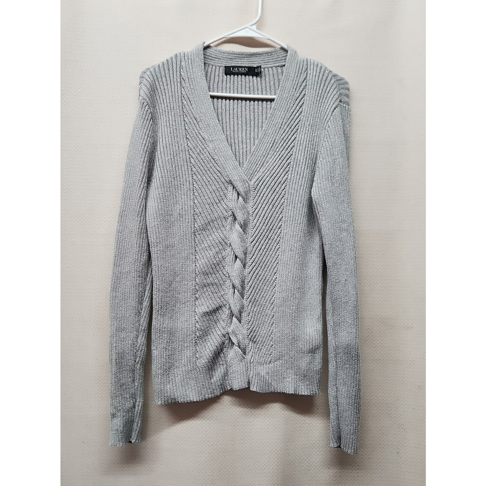 Lauren Ralph Lauren Silver V-Neck Cable-Front Sweater