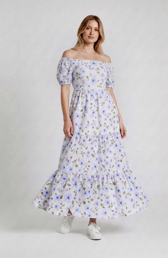 Tiered Blue & White Floral Maxi Corset Dress Puff Sleeves Women’s Medium