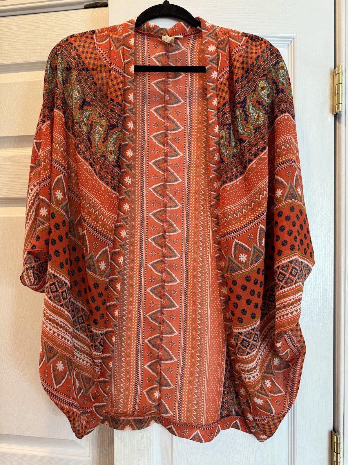 Francesca’s Women’s Boho Open Front Kimono Cardigan Orange Paisley Sheer Large