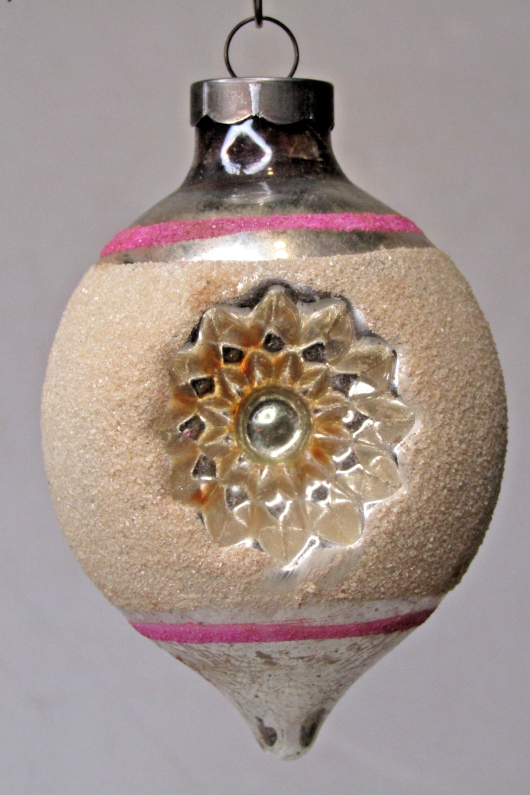 VTG 40s Glass FLOWER Embossed Indent Mica DROP Christmas Ornament Franke US of A
