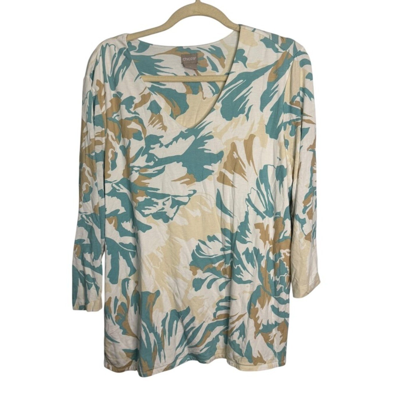 Chico\'s Blouse Women\'s XL Abstract V-Neck Office Vacation Blue White Chicos 3 Chico\'s Blouse Women\'s XL Abstract V-Neck Office Vacation Blue White Chicos 3