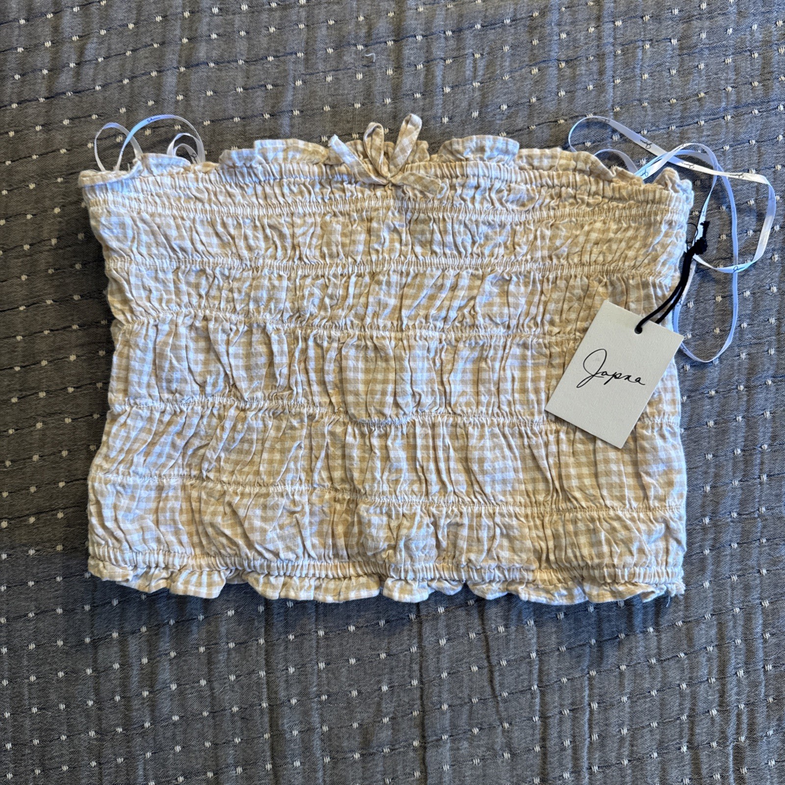 NWT Japna Beige Gingham Smocked Crop Top Ruffle Cami Boho Summer Cottagecore L NWT Japna Beige Gingham Smocked Crop Top Ruffle Cami Boho Summer Cottagecore L