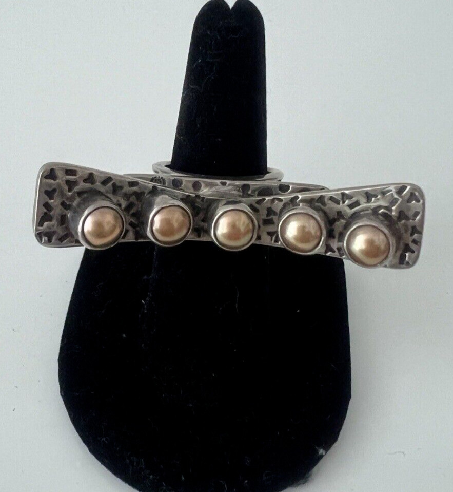 MELANIE DeLUCA Five Gold Pearl Sterling Silver Ring Size 8.75 MELANIE DeLUCA Five Gold Pearl Sterling Silver Ring Size 8.75