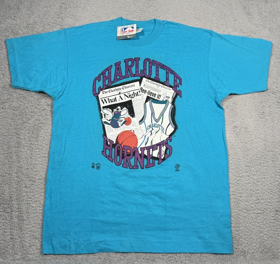 RARE VTG Front Pages Charlotte Hornets Newspaper Print Mens L Single Stitch NWT