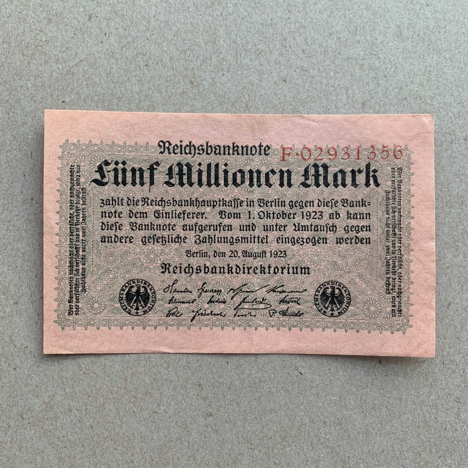 1923 German 5 Million Mark Banknote, Germany Currency Era between WWI WW2 WWII 1923 German 5 Million Mark Banknote, Germany Currency Era between WWI WW2 WWII