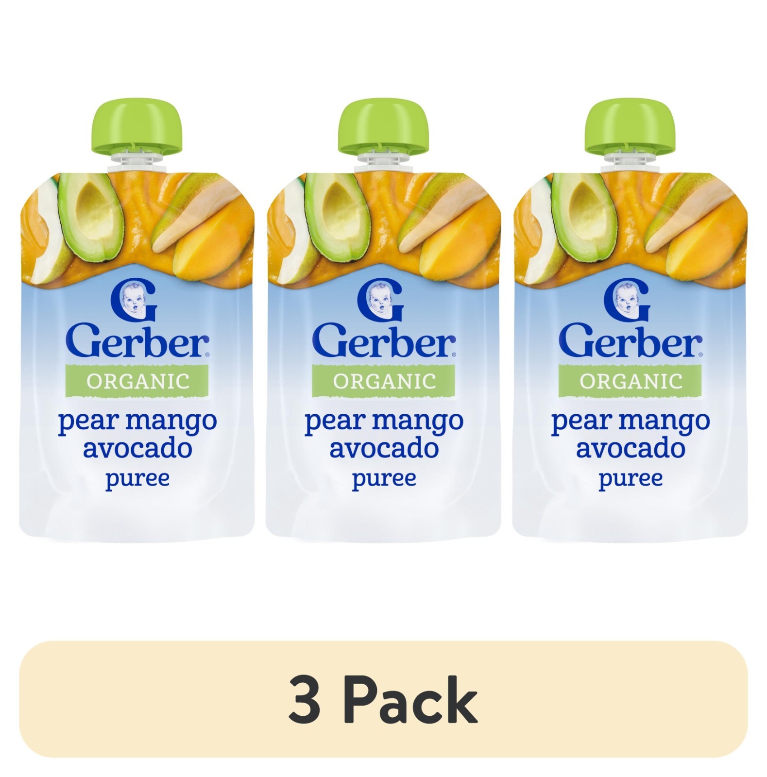 Gerber Organic Stage 2 Baby Food, Pear Mango Avocado Puree 3.5 oz Pouch 3 Pack