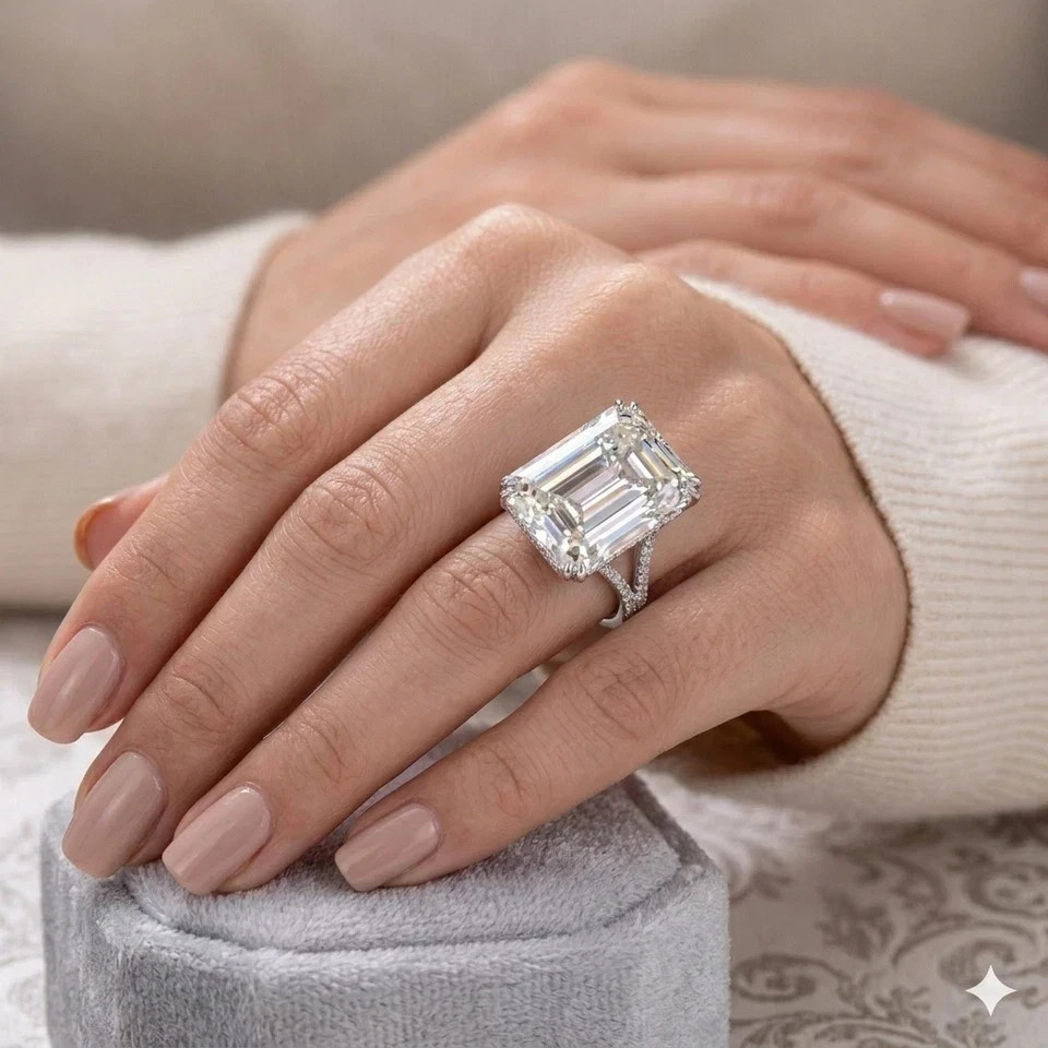 RARE 15.35 Ct Emerald Cut White Diamond Solitaire Ring 925 Sterling Silver