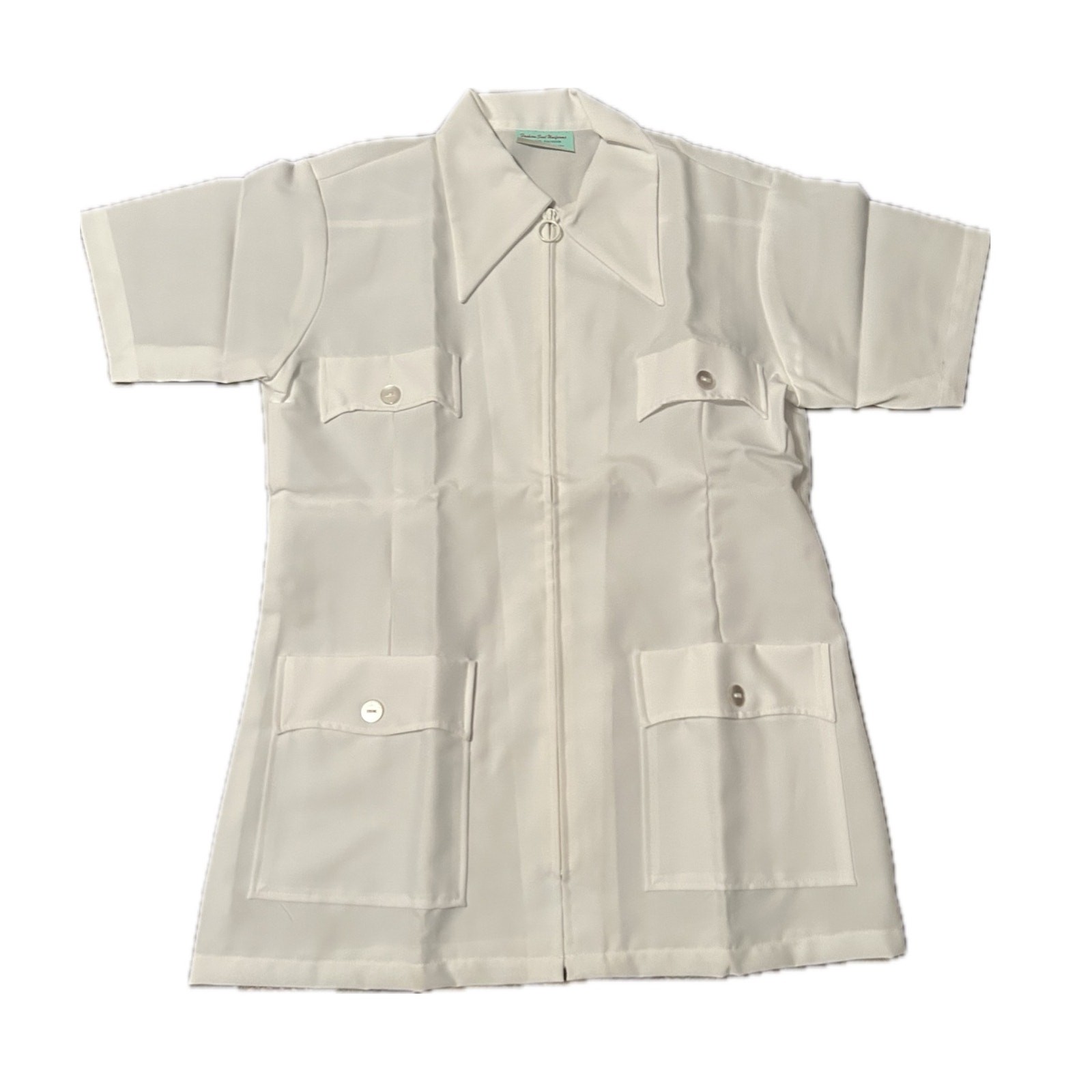 Vintage 1970s White Zip Front Safari Blouse Shirt Short Sleeve Medium ^ Vintage 1970s White Zip Front Safari Blouse Shirt Short Sleeve Medium ^