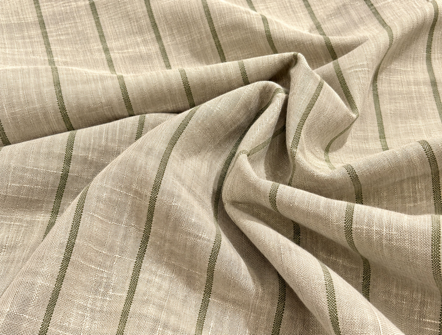 100% Flax Linen Fabric Olive Green Stripe Yarn Dyed Natural 56