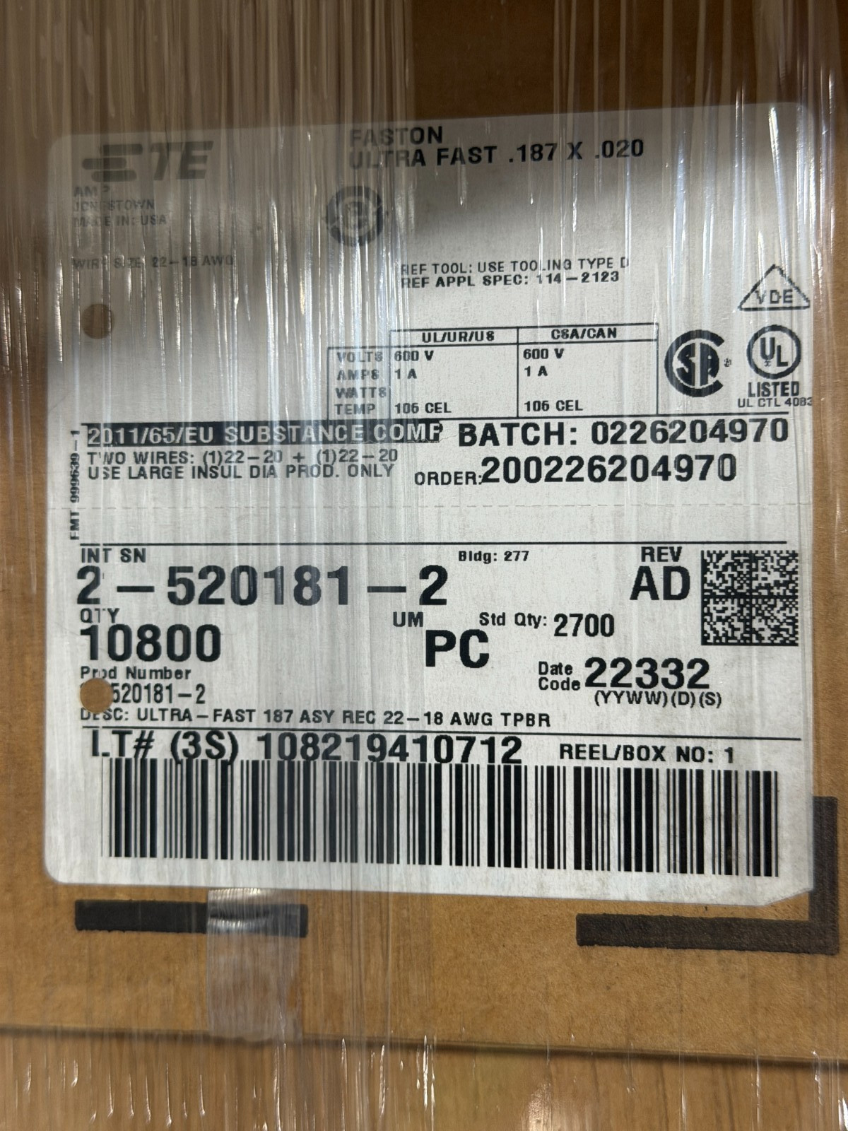 QTY 10,800 TE 2-520181-2 Ultra-Fast .187 ASY REC 22-18 AWG RCPT REEL