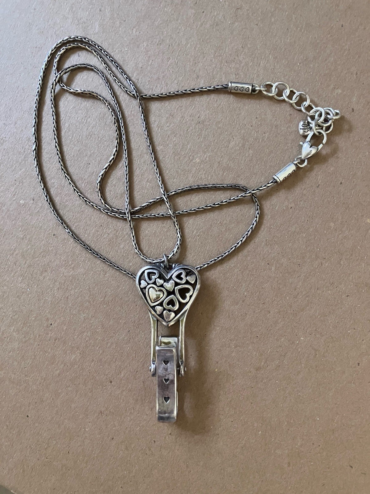 Brighton Silver Plated Floating Heart Badge Clip Lanyard Necklace 34” Adjustable
