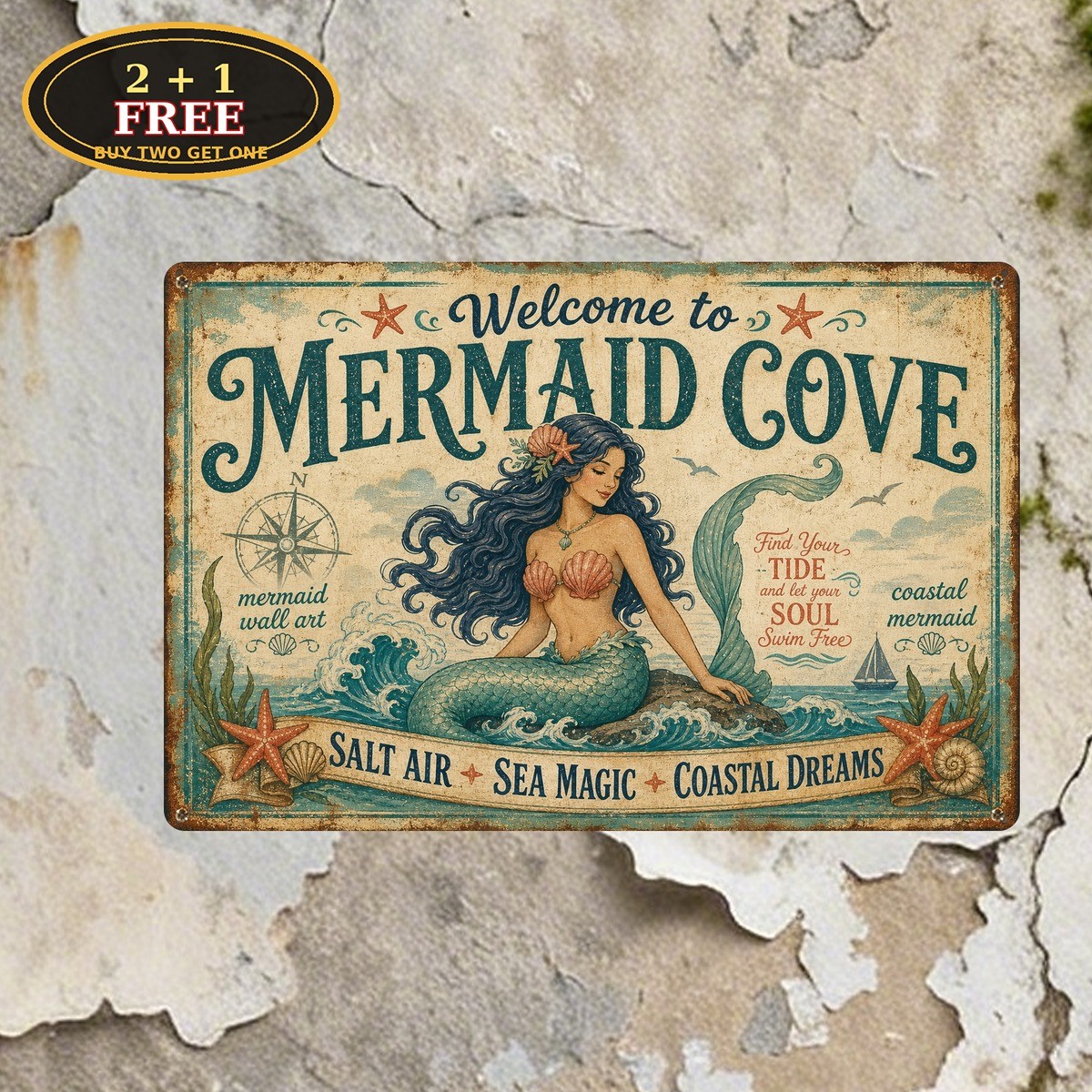 Mermaid Cove Weatherproof Outdoor Beach Ocean Cave Plaque Metal Sign 8x12