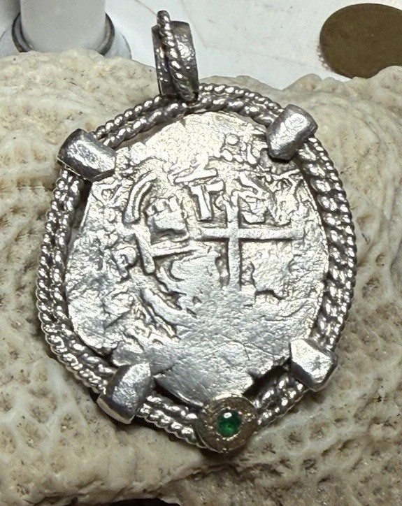 Authentic Spanish-colonial 2-Reales Silver Shipwreck Cob Coin in Emerald Bezel Authentic Spanish-colonial 2-Reales Silver Shipwreck Cob Coin in Emerald Bezel