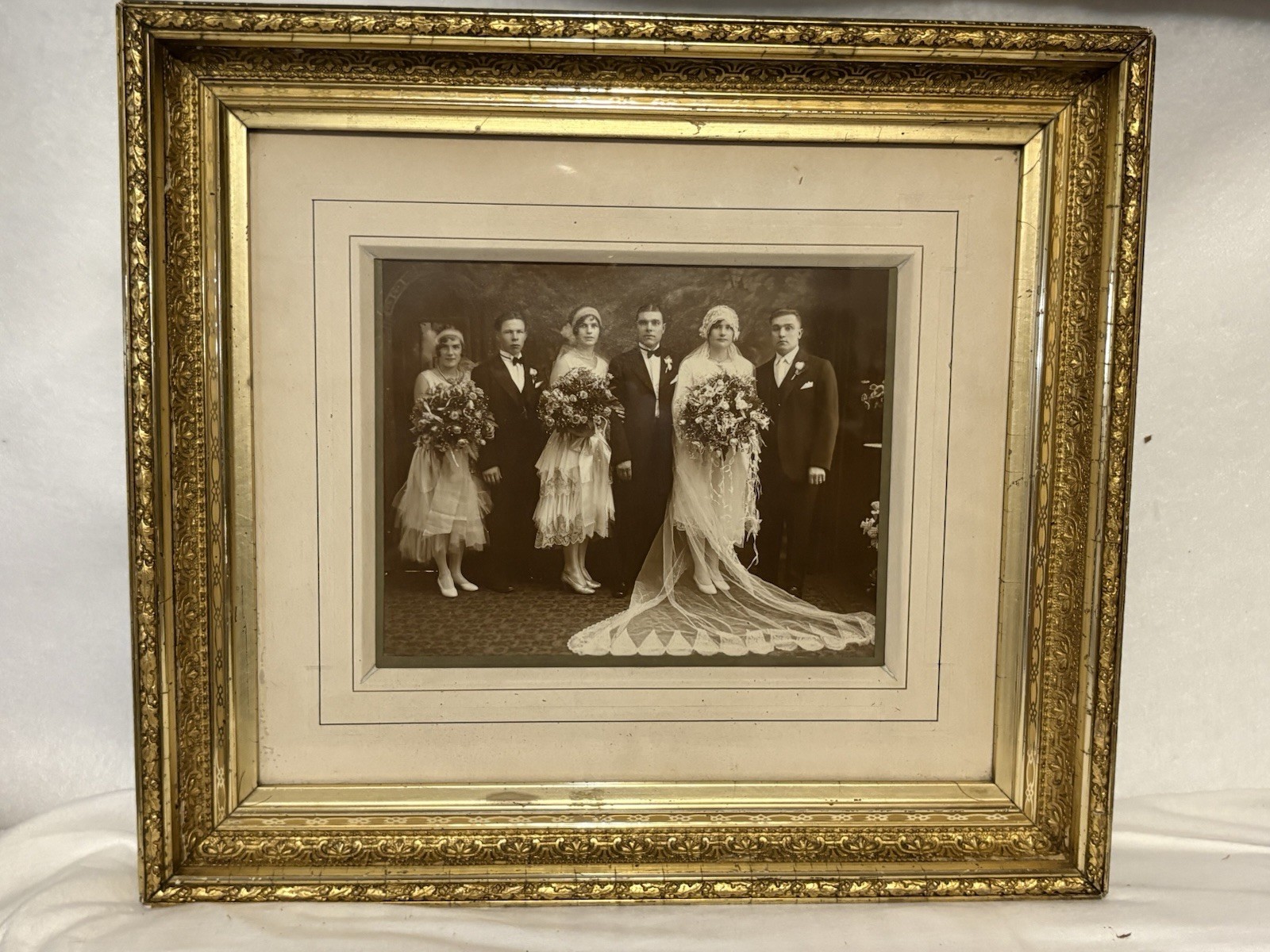 Vintage 1920s Art Deco Deep Gilded Frame Gesso Flapper Bride Wedding Portrait