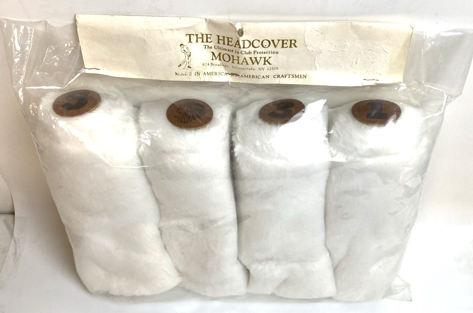 4 Vintage Mohawk Golf Head Covers White Faux Fur Leather 1 3 5 + Bonus USA