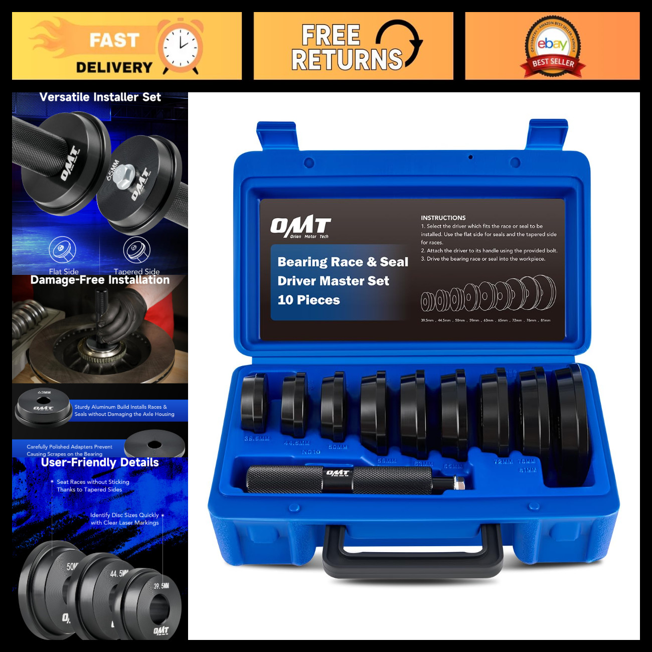 10pc Bearing Race & Seal Driver Set, Bearing Press Kit for Mechanics & DIY 10pc Bearing Race & Seal Driver Set, Bearing Press Kit for Mechanics & DIY