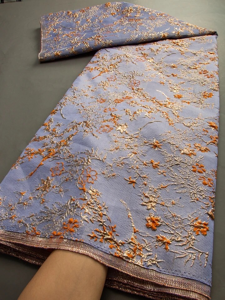 Brocade Fabric, Periwinkle Jacquard fabric Floral brocade Orange Jacquard 5yards