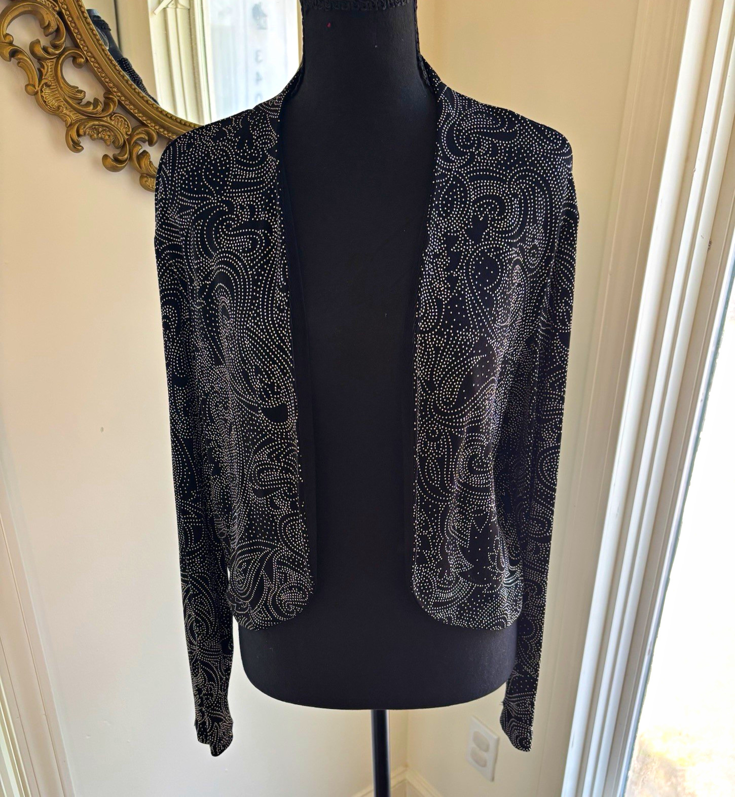 Chico\'s Travelers Black/Silver Paisley Rhinestone Open Front Cardigan Sweater Chico\'s Travelers Black/Silver Paisley Rhinestone Open Front Cardigan Sweater