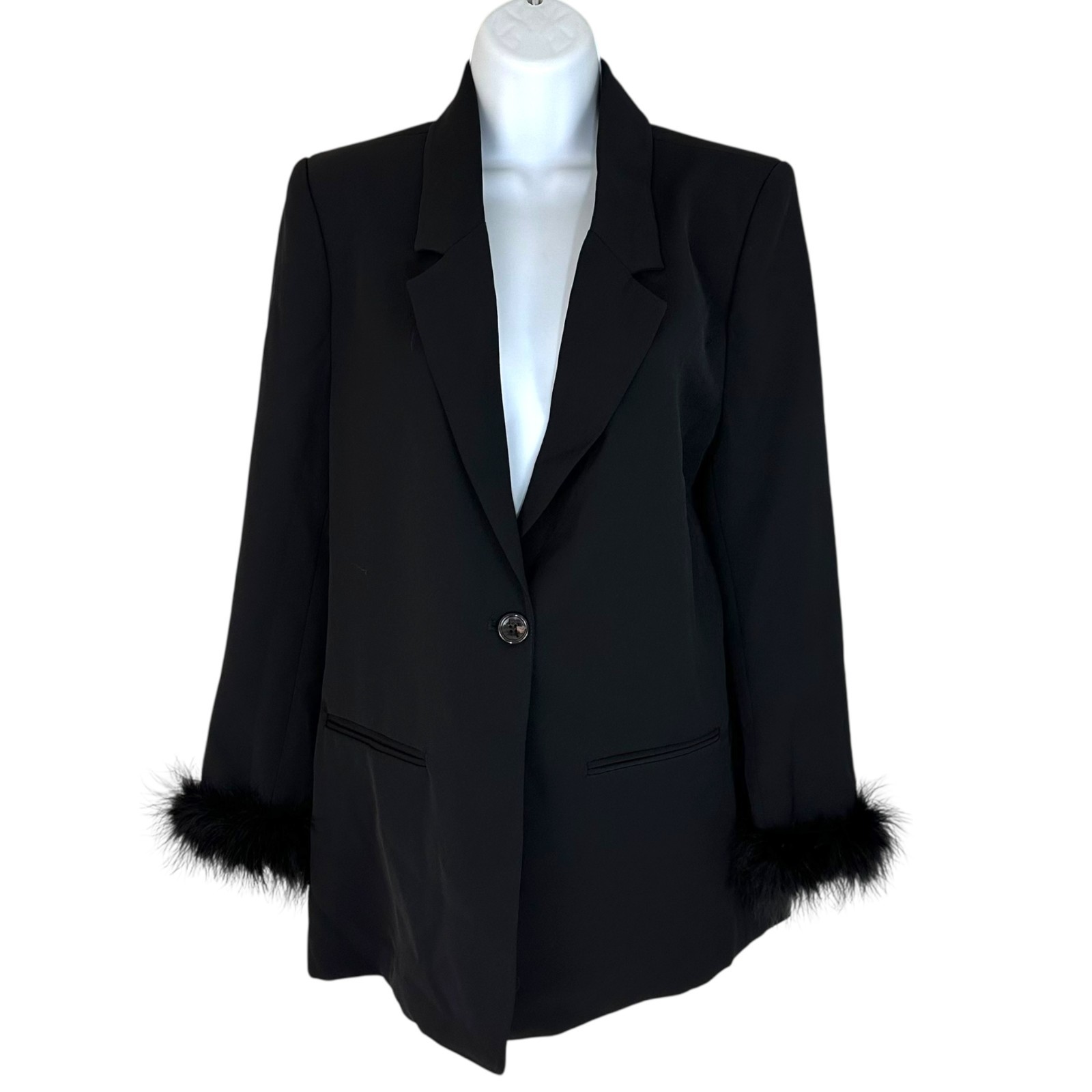 WAYF Women\'s Size S Faux Feather Trim Whimsigoth Black Blazer Jacket NEW