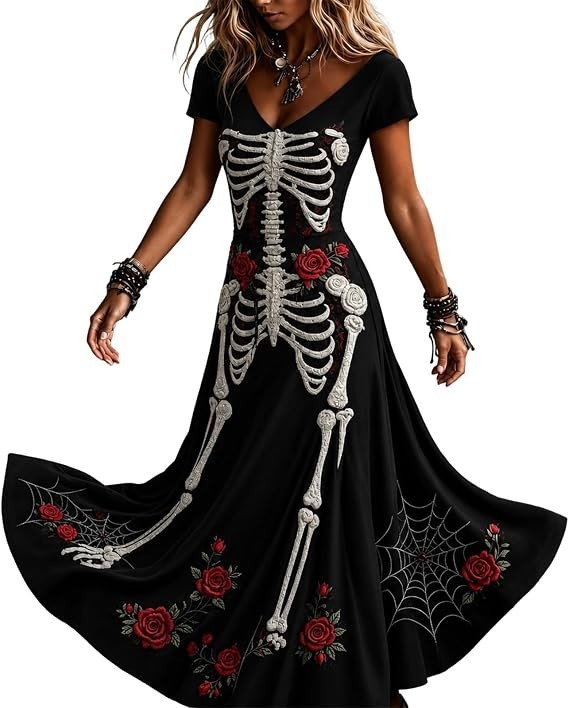 Halloween Skeleton Rose Maxi Dress Women\'s V-Neck Elegant Costume Gown