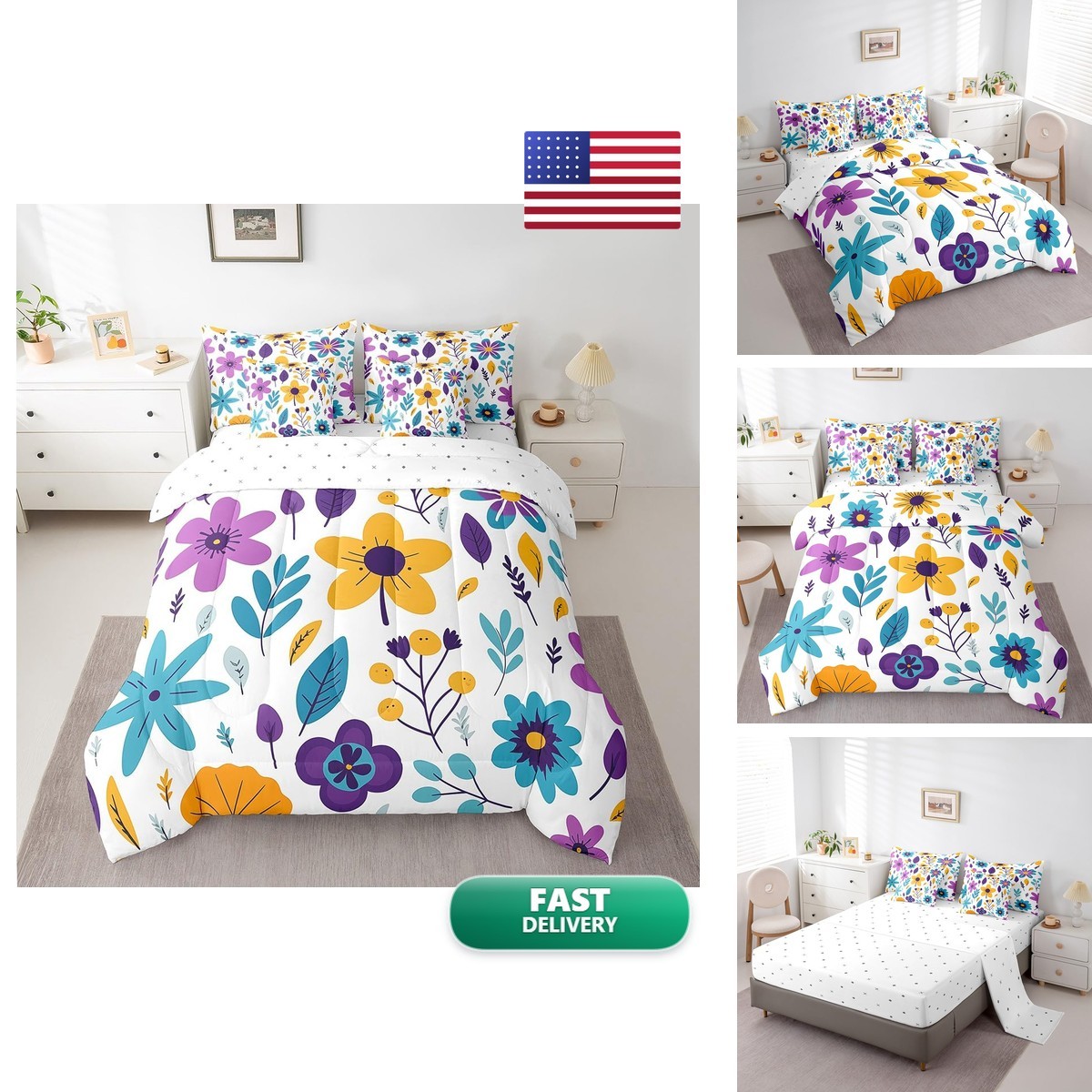 Feelyou Cute Flower 7 Piece Comforter Set Full for Kids Teens