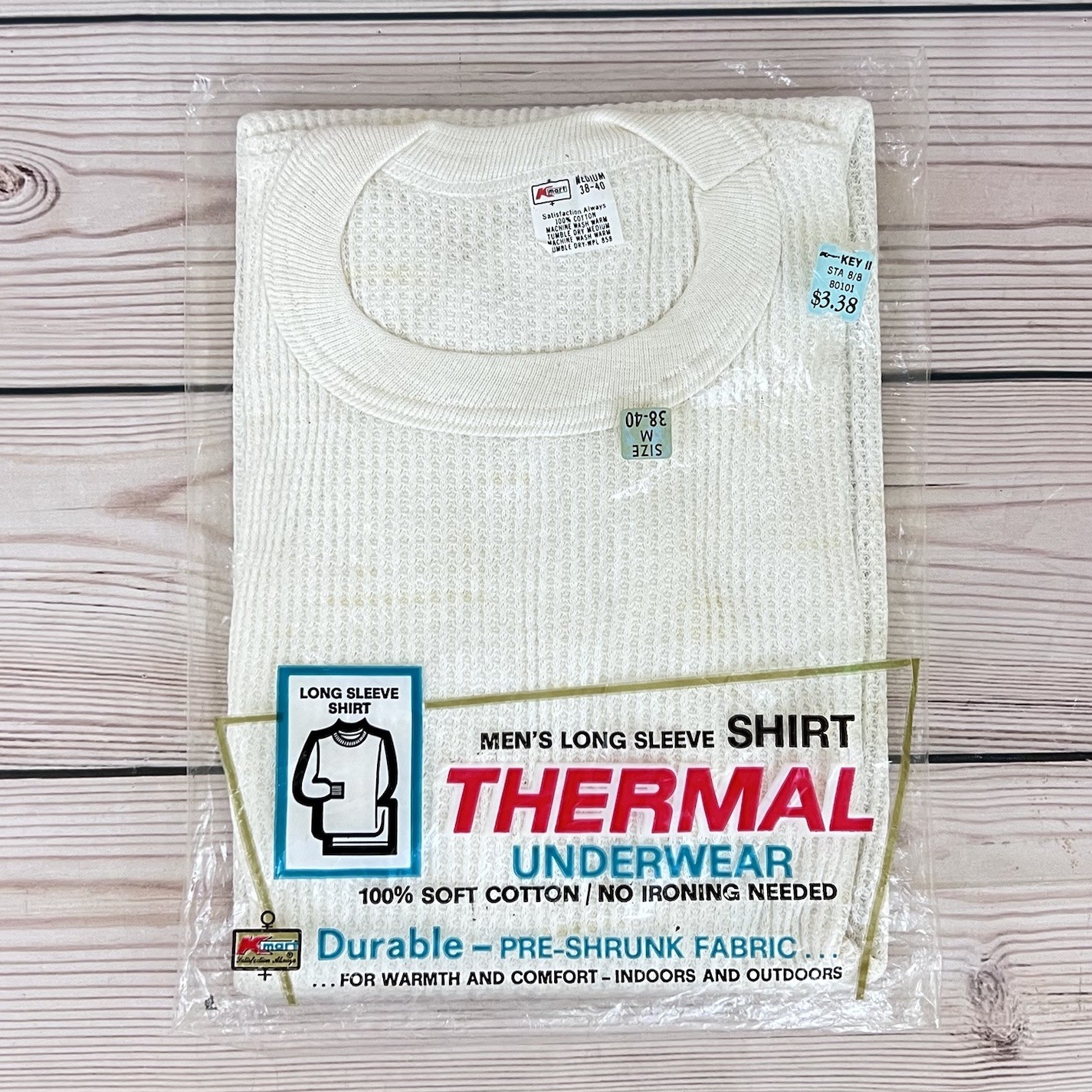VTG 70s Kmart Thermal Underwear Long Sleeve Shirt M 38-40 White Cotton NOS USA