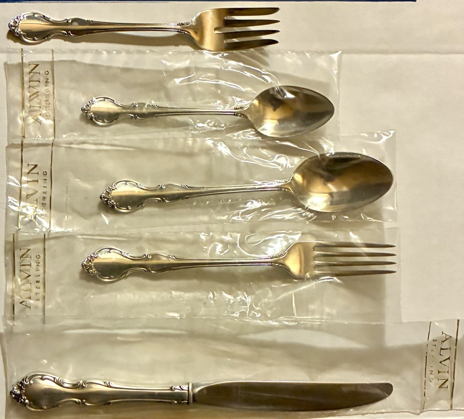 ALVIN STERLING SILVER FLATWARE VINT 1961 PIROUETTE PATTERN 5 PIECE SET 4 SEALED