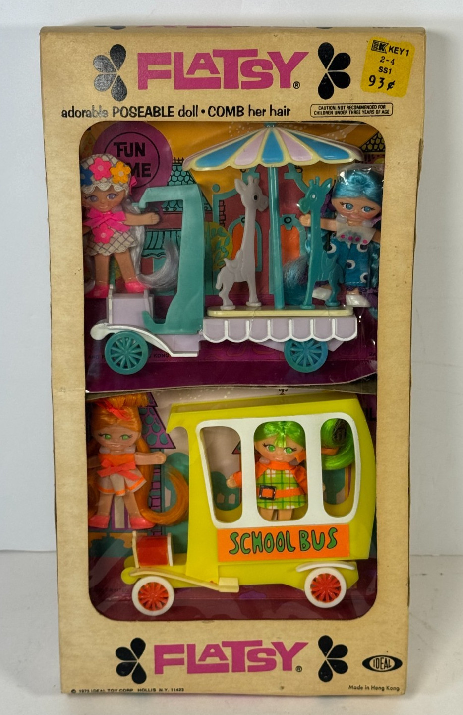 Vintage 1973 Flatsy Poseable Doll SS1 Ideal Toy Corp School Bus Carousel NIB NOS