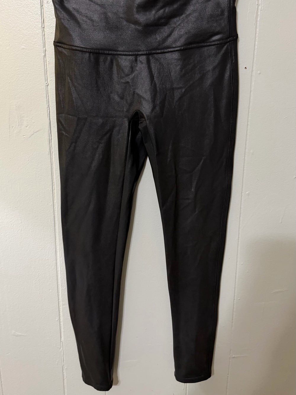 SPANX Black Faux Leather Leggings with Red Tag ( Petite Large )
