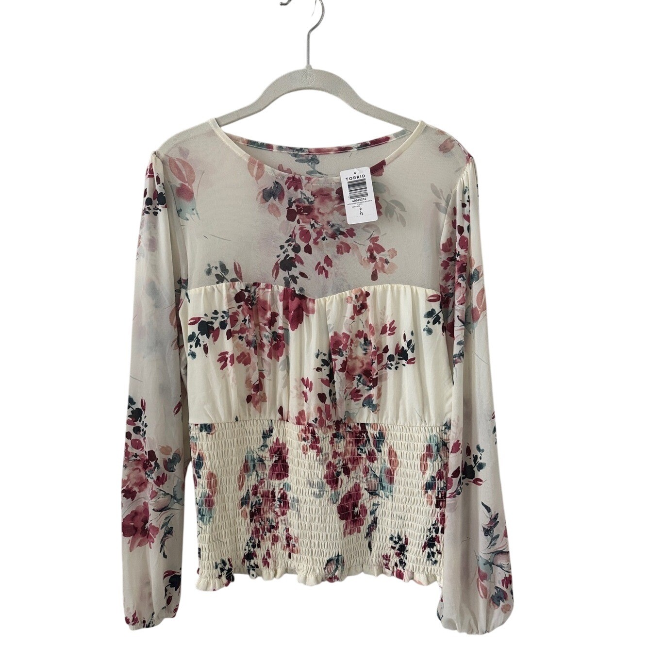 Torrid Floral Mesh Sweetheart Smocked Long Sleeve Top Size 0/L NWT