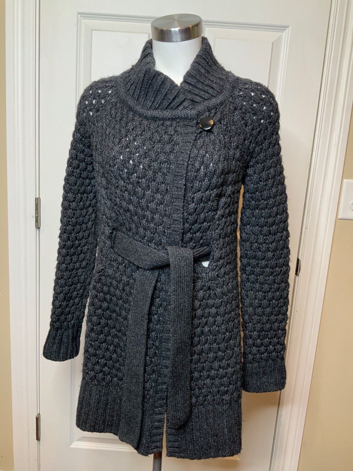 Vince Dark Charcoal Gray Wool Chunky Knit Belted Cardigan Coat, Size S