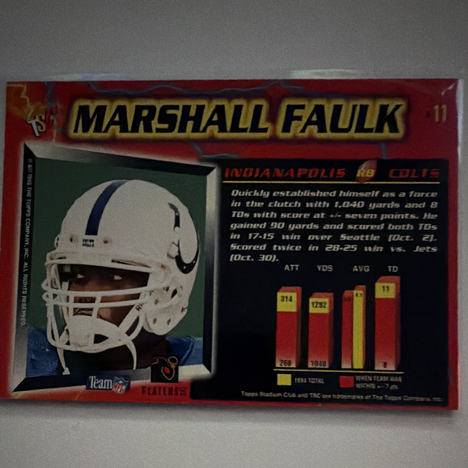 Topps 1994 Stadium Club Rookie Marshall Faulk Indianapolis Colts RC #11