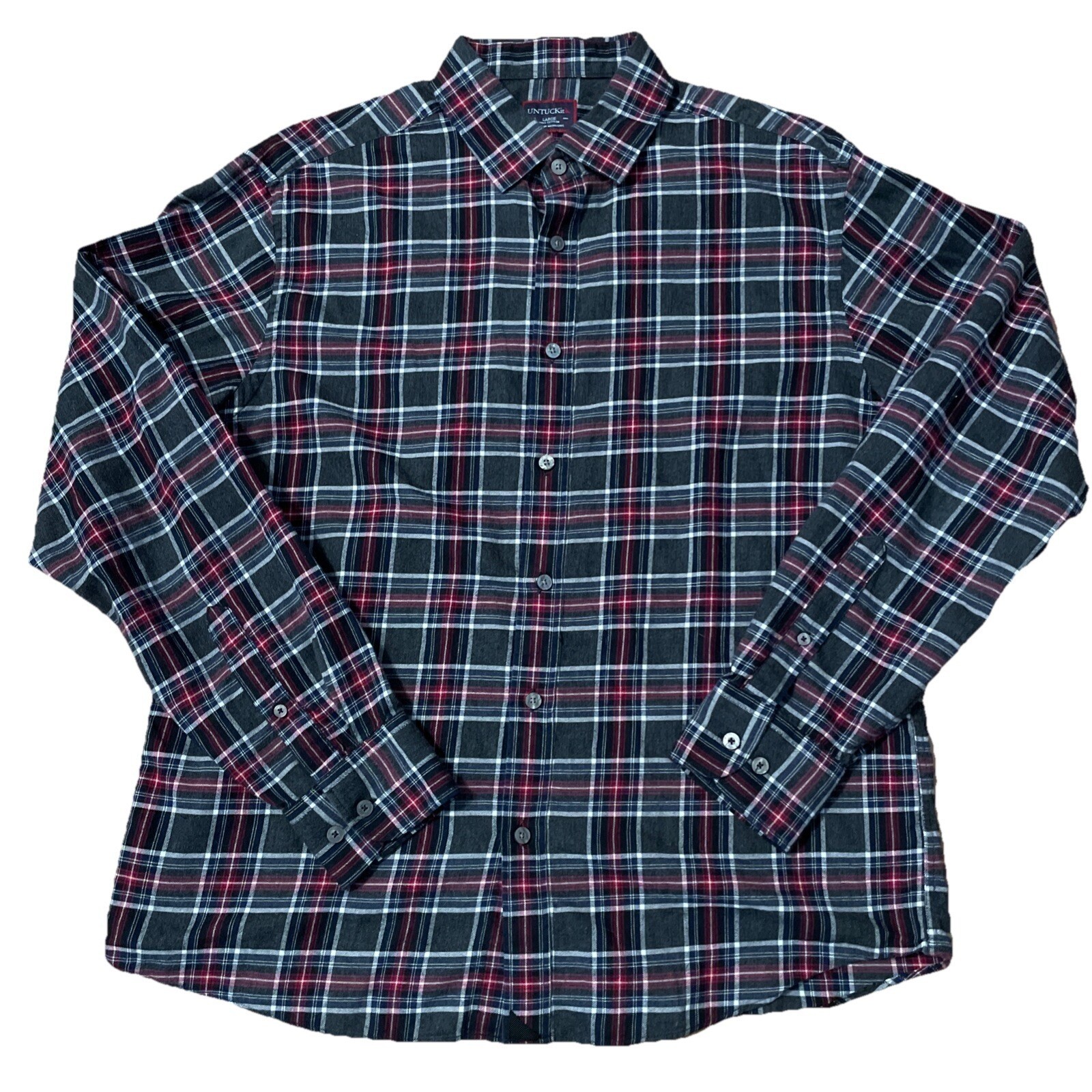 UNTUCKit Holmberg Button Front Shirt Men\'s Large Black Red White Plaid Check