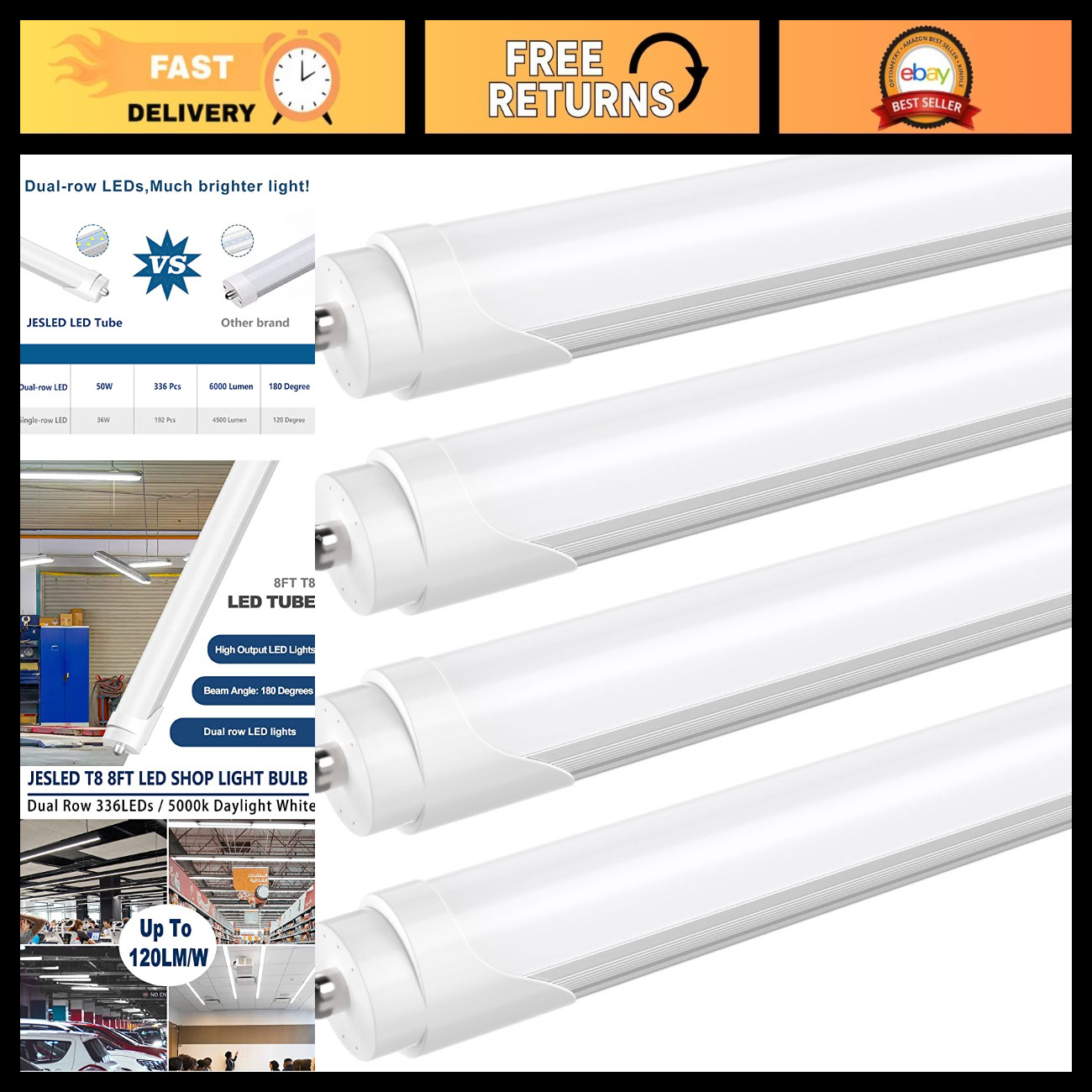 8FT LED Tube Light Bulbs, 50W 6000LM, 5000K Daylight, Energy Efficient, Bright L