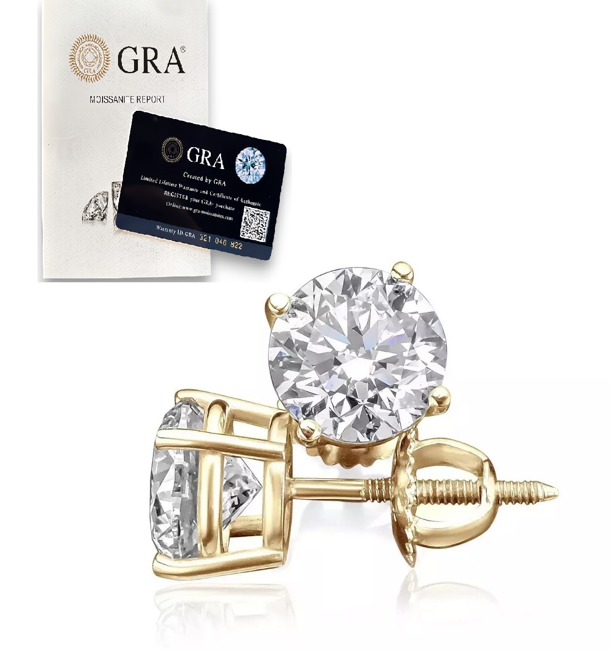Moissanite Screw Back 14k Gold Solitaire Stud Earrings GRA Certified D/VVS1